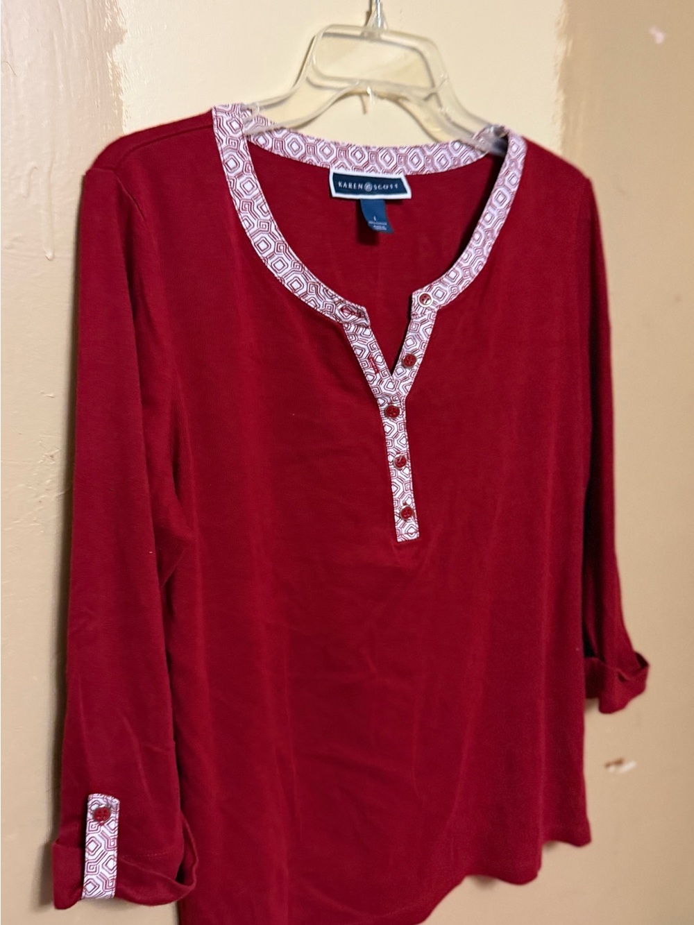 Karen Scott Deep Red Long-Sleeve Henley with Printed Trim